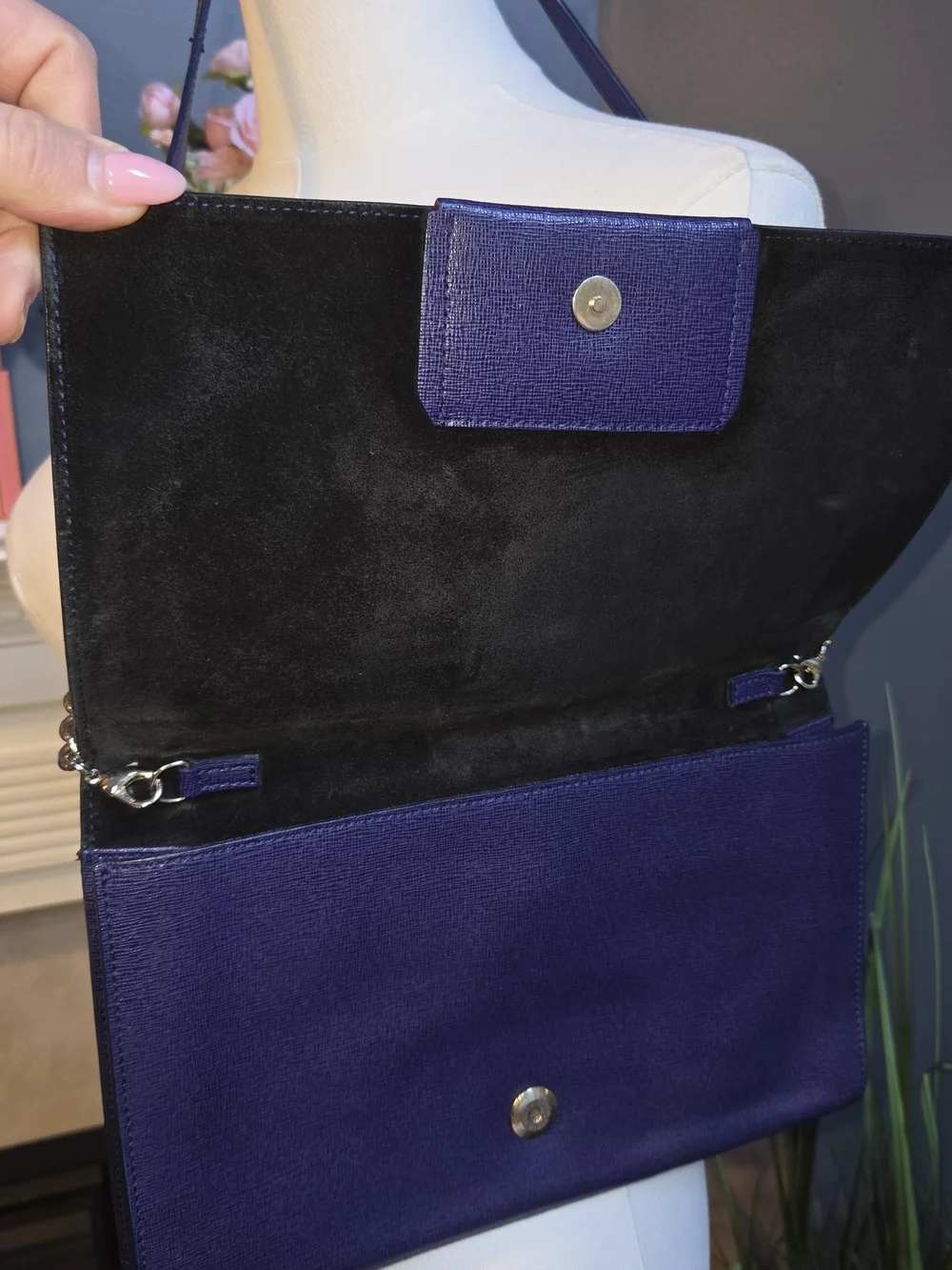 Furla Deep Blue Leather Chain-Trim Removeable Shoulder Bag